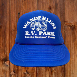 Vtg Nissin Wanderlust RV Park Blue Trucker Hat Snapback Cap Eureka Springs AR